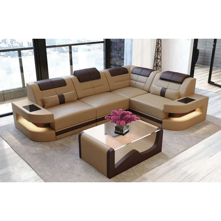 Mini Designersofa Como L-Form Leder - Echtleder - Sandbeige-Dunkelbraun - Rechts – Bild 2