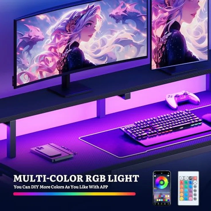 YITAHOME Gaming Tisch mit Steckdosen & LED-Lichter, L Form Computer Schreibtisch mit Monitorständer, Eckschreibtisch mit Schubladen & Regalen, Computertisch für Home Office, 120 x 50 x 92 cm, Schwarz – Bild 4