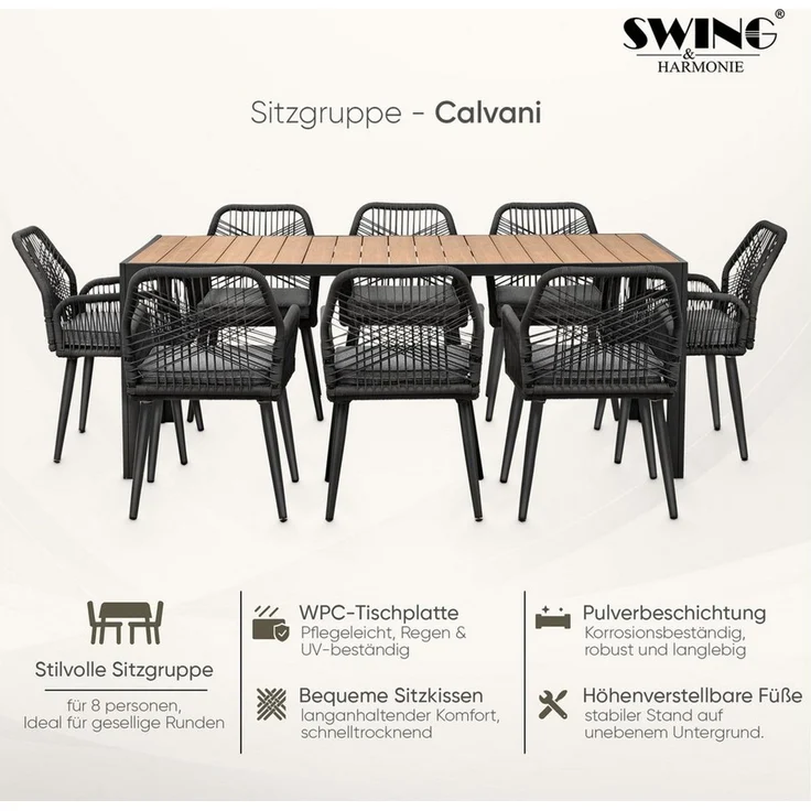 Swing&Harmonie Garten-Essgruppe für 6-8 Personen mit Tisch, Seilgeflecht-Stühle Esstisch, (Garten Sitzgruppe, wetterfest, WPC-Tischplatte, inkl. Kissen), Outdoor Terrasse – Bild 2