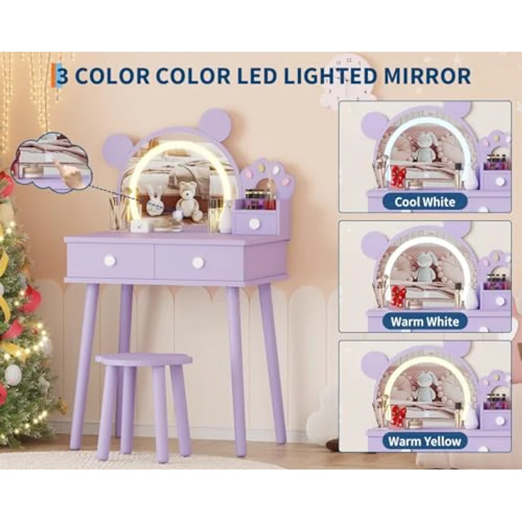 GarveeLife Schminktisch für Kinder, Mädchen, mit Spiegel & LED-Licht in 3 Farben mit 2 Schubladen, für Kinder von 3 – 8 Jahren, 55 x 38 x 101 cm – Bild 5