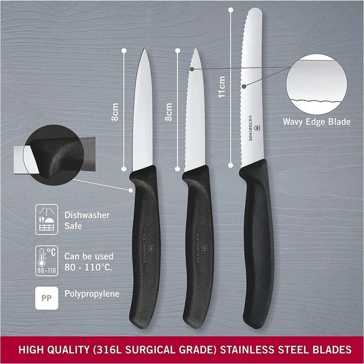 Victorinox | Gemüsemesser-Set | 3-teilig | präzise Klingen | ergonomische Griffe | leuchtendes Rot | ideal für mühelose Küchenarbeit – Bild 3