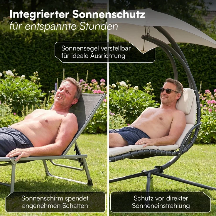 STEELSØN 'Nyria' Schwebeliege mit Sonnenschirm, Hängeliege mit Sitzpolstern, wetterfest, bis 120 kg belastbar, beige – Bild 7