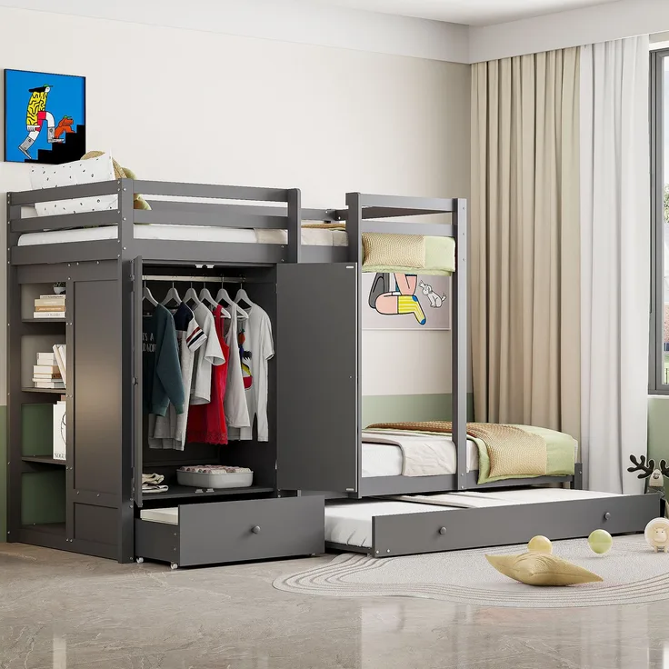 Bett Etagenbett 90/180x200 cm aus Holz mit Ausziehbett, Kleiderschrank und Schubladen, grau, ohne Matratze
