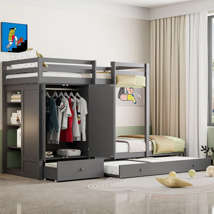 Bett Etagenbett 90/180x200 cm aus Holz mit Ausziehbett, Kleiderschrank und Schubladen, grau, ohne Matratze – Bild 1