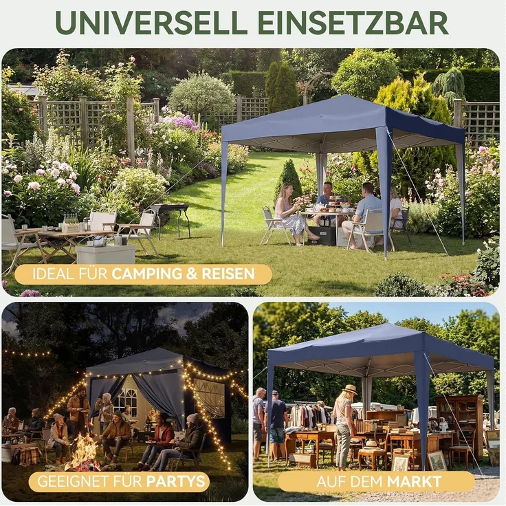 Aoxun Pop Up Pavillon 3x3 Wasserdicht mit 4 Seitenwänden, Metallrahmen-Schutzzelt, Höhe Verstellbar, 3mx3m Faltpavillon mit Tragetasche für Camping Party, Blau – Bild 8