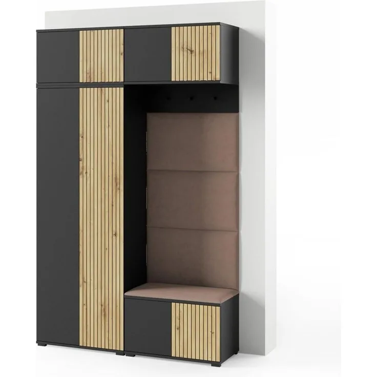 Garderoben-Set Rosario Version 3 mit Lamellen, Kleiderschrank mit Polsterplatten und Schuhschrank (Schwarz / Eiche Artisan, Trinity 05), 225 x 40 x 140 cm