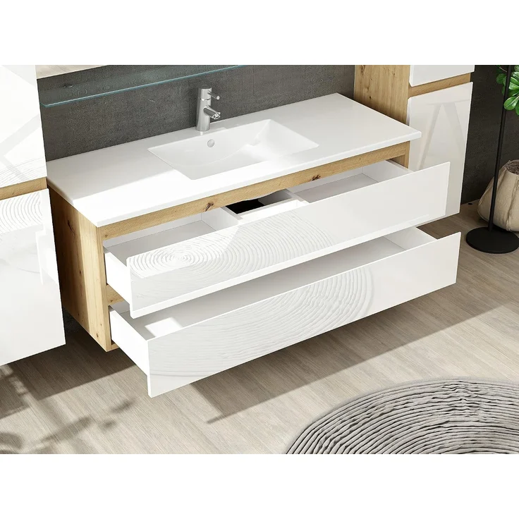 Homeline Badmöbel Set Hochglanz mit Schubladen Glas ablage (Leo Eiche Weiß, 120 cm Einzelbecken 1x Hochschrank) – Bild 4