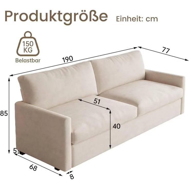 Stoffsofa 3 Sitzer 190 cm Polstersofa Armlehnen Cremeweiß – Bild 2