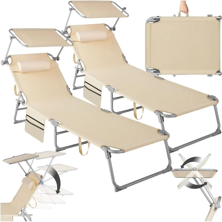 tectake® 2er Set Sonnenliege klappbar und tragbar, Liege mit Seitentasche, Strandliege, Gartenliege mit Dach, Liegestuhl mit Verstellbarer Rückenlehne, Kopfkissen - für Balkon, Terrasse (beige) – Bild 1