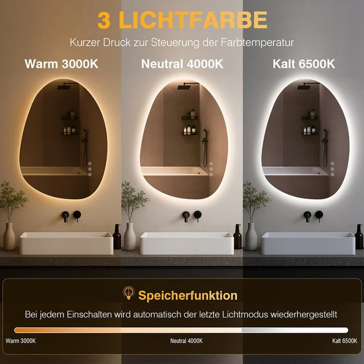 PESENXAN LED Badezimmerspiegel 65x50 cm, asymmetrischer Wandspiegel mit Beleuchtung, Anti-Beschlag, 3 Lichtfarben, dimmbar, Memory-Funktion, energiesparend, horizontal/vertikal montierbar, Weiß – Bild 2