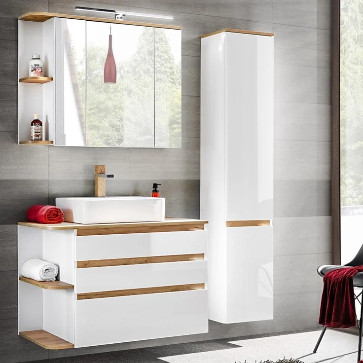 Badezimmermöbel Set mit Keramik-Waschtisch CAMPOS-56, Hochglanz weiß mit Wotaneiche, Hochschrank B/H/T: ca. 144/200/50 cm – Bild 1