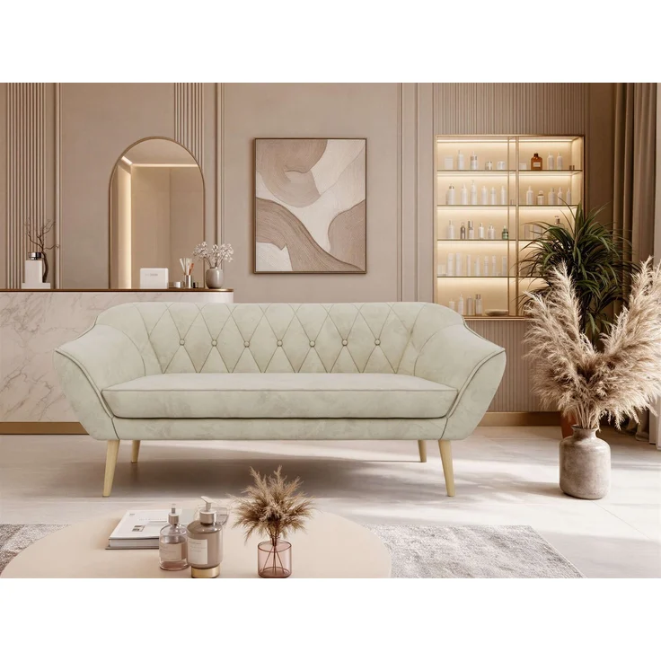 Sofa, Wohnzimmersofa PIRS 3, Skandinavisches Sofa 3-Sitzer, Sofa mit Wellenfederung, Buche Füße, Breite 180 cm Hoher Sitzkomfort - Beige Velvet – Bild 3