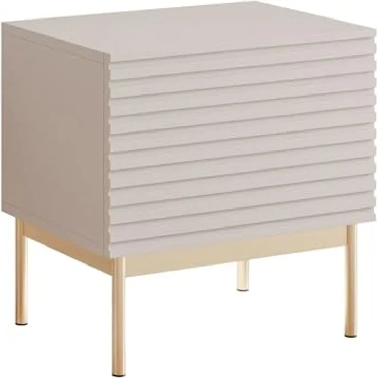 Selsey Nachttisch Mit LED-Licht 46 cm Breite Kaschmirfarbe und Goldene Metallbeine - Push-to-Open Tür Geräumiges Fach Minimalistische Grifflos-Front Möbel für Schlafzimmer
