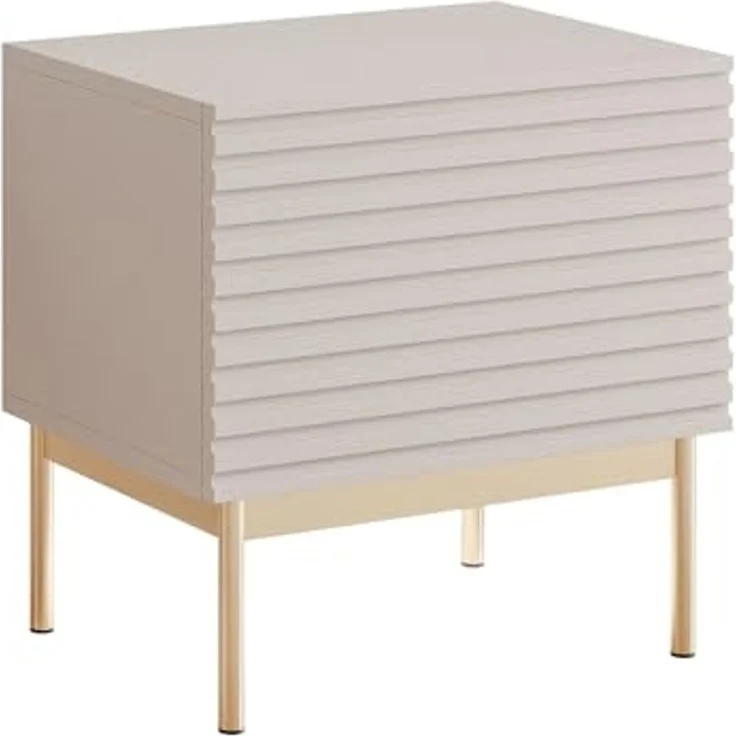 Selsey Nachttisch Mit LED-Licht 46 cm Breite Kaschmirfarbe und Goldene Metallbeine - Push-to-Open Tür Geräumiges Fach Minimalistische Grifflos-Front Möbel für Schlafzimmer – Bild 1