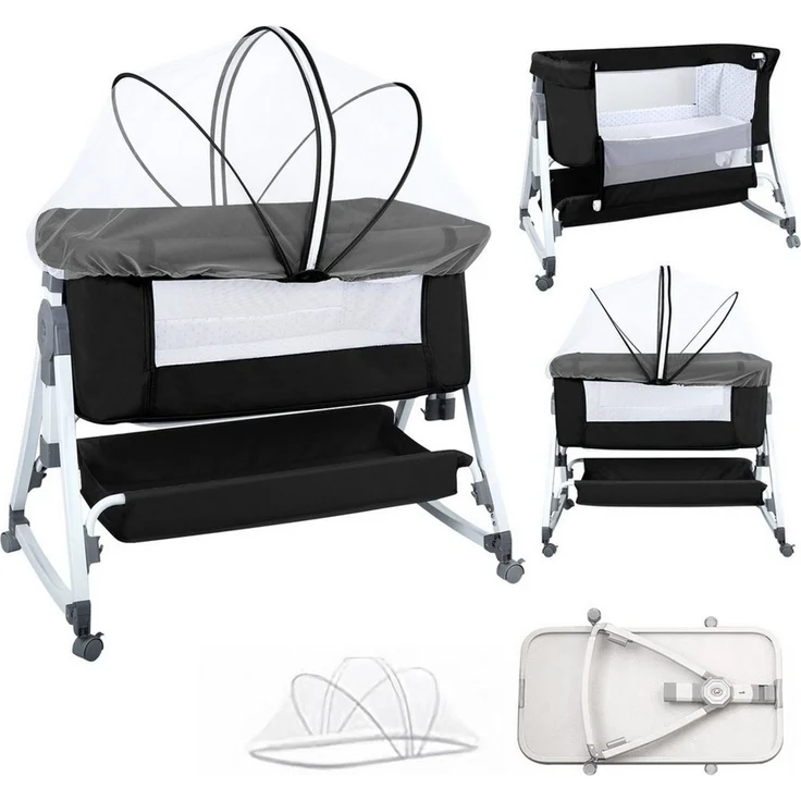 JEOBEST Beistellbett 3 in 1 Babybett, Schaukelmodus, mit atmungsaktivem Netz und Laken, mit Rollen Kinderbett, 6-Fach Höhenverstellung, Moskitonetz, Lagerung – Bild 2