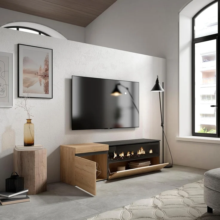 Skraut Home | TV-Schrank, Lowboard | für Wohnzimmer und Esszimmer | 150 x 45 x 35 cm | Für TV-Geräte bis zu 65" | Elektrokamin. Maße | Moderner Stil | Eiche Schwarz – Bild 4
