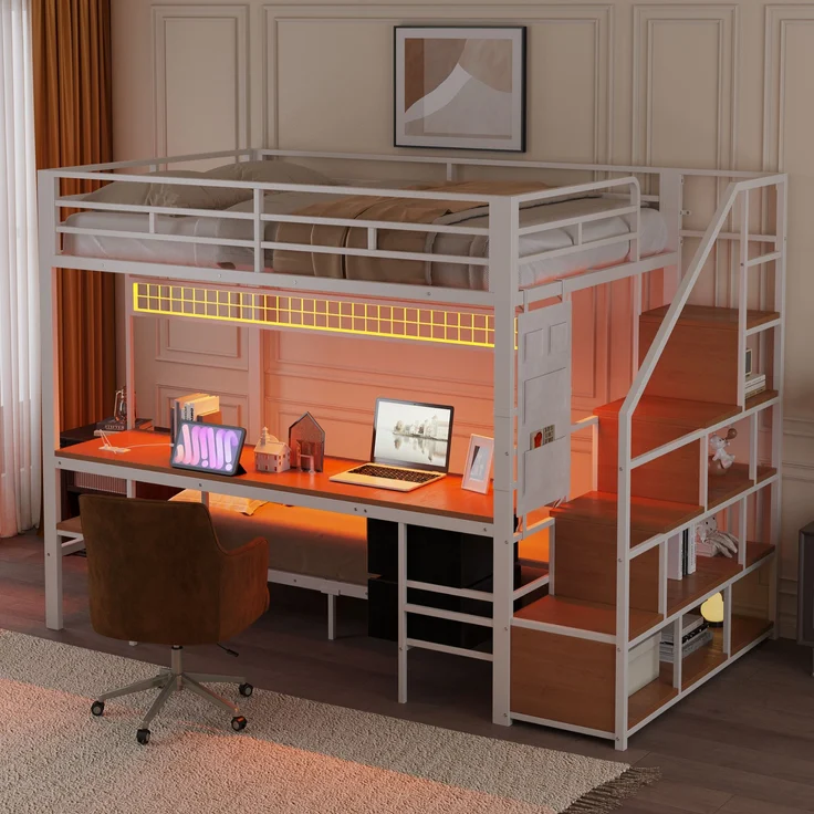 Hochbett Metall/MDF mit Schreibtisch, LED & USB-Anschluss, 247x144,5x170 cm, Weiß, ohne Matratze – Bild 5