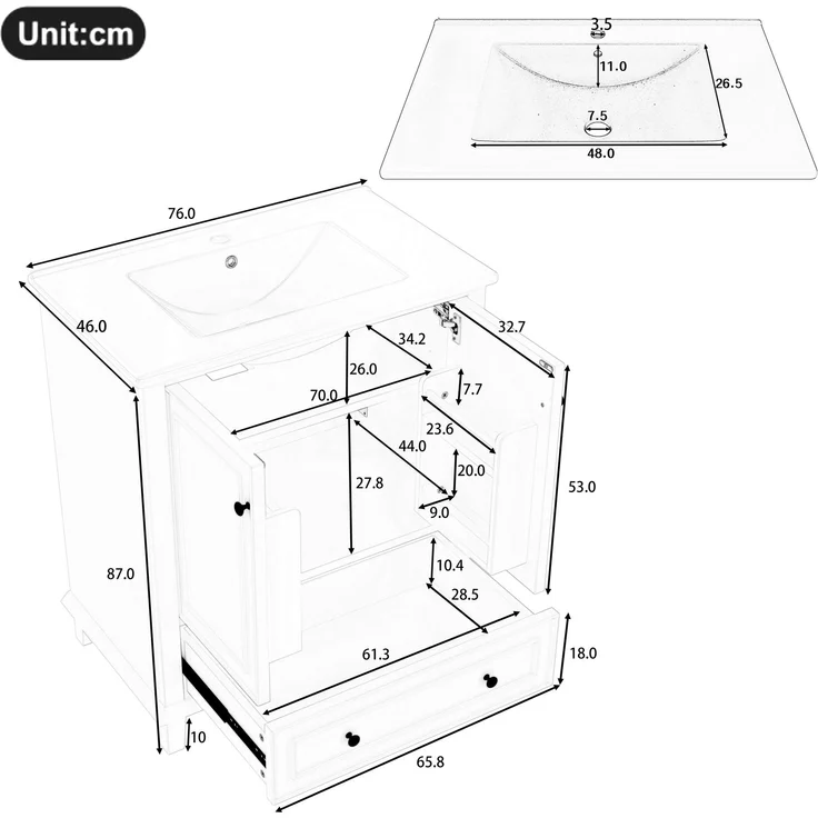 Badezimmerschrank 76 x 46 x 87 cm mit Keramikbecken, viel Stauraum & Massivholzbeinen – Moderner Waschtischschrank,Grau – Bild 10