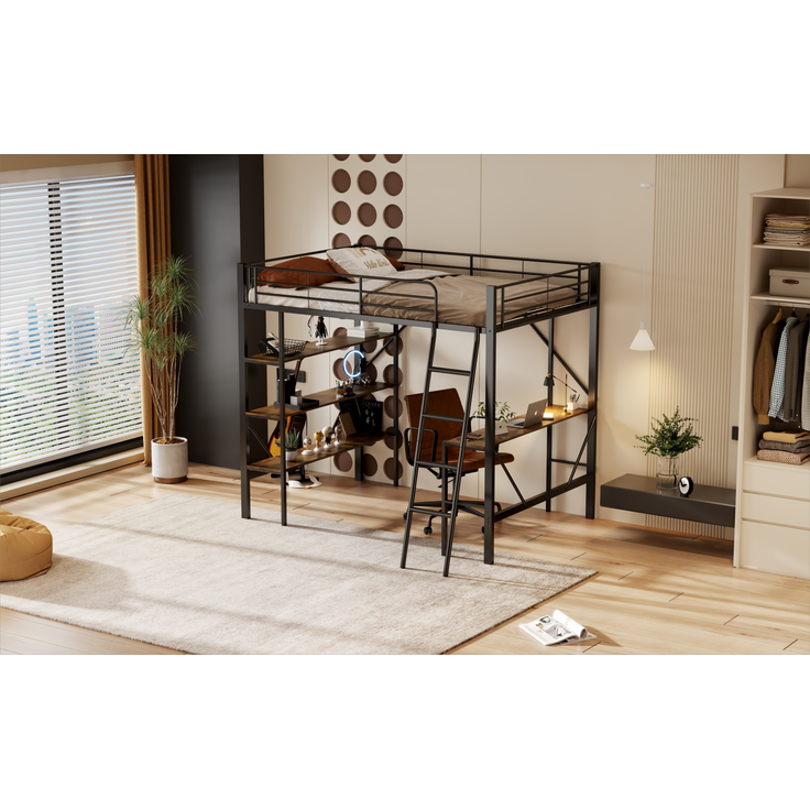 Merax 90 x 200cm Bettgestell Metallbett, Eisenbett, Hochbett mit Schreibtisch und drei großen Ablagen für Kinder, Jugendliche und Erwachsene, schwarz – Bild 5