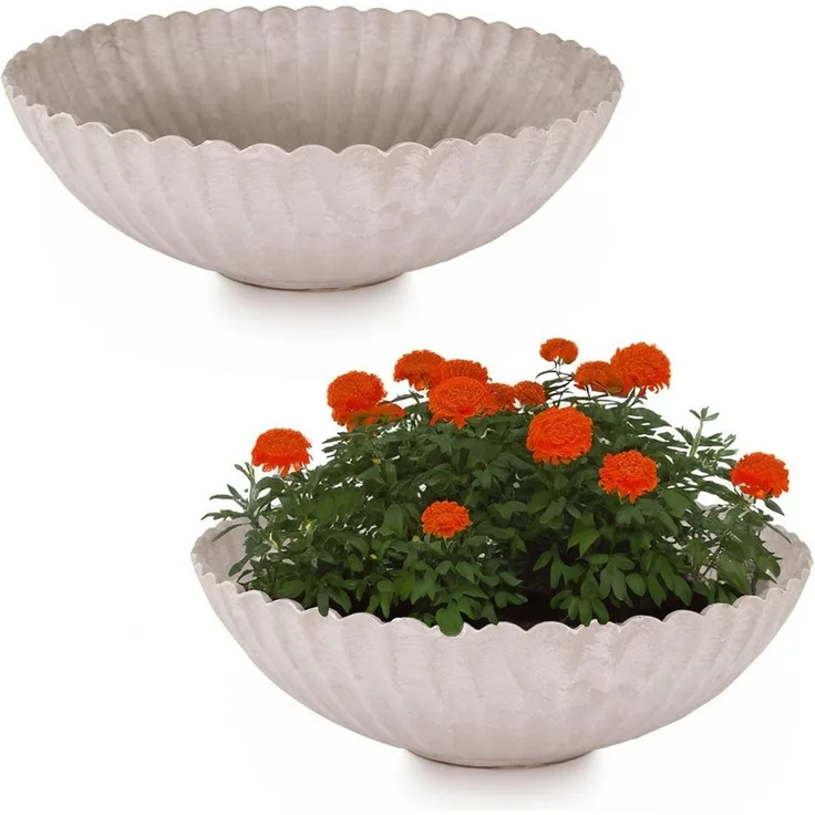matches21 HOME & HOBBY Blumentopf Runde Pflanz-Schalen gewellt für draussen sand beige marmoriert 22 cm (2 St), Wetterfeste Blumen-Schale als moderne Outdoor Gartendeko Grabschmuck
