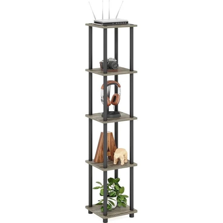 Furinno Turn-N-Tube 5-stufiges Viereckiges Regal, MehrzweckRegal, Bücherregal, Aufbewahrungsregal, mit Runde Rohre, Französische Eiche/Schwarz, 29. 5 (Breite) x 146. 3 (Höhe) x 29. 5 (Tiefe) cm