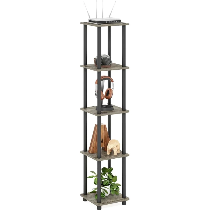 Furinno Turn-N-Tube 5-stufiges Viereckiges Regal, MehrzweckRegal, Bücherregal, Aufbewahrungsregal, mit Runde Rohre, Französische Eiche/Schwarz, 29. 5 (Breite) x 146. 3 (Höhe) x 29. 5 (Tiefe) cm