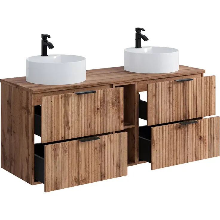 Vente-unique - ZEVARA Waschbeckenmöbel Holz, Platte Beige - B 46 cm x H 57 cm x L 140 cm