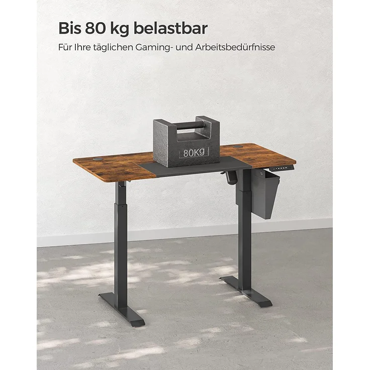 Songmics Höhenverstellbarer Schreibtisch, elektrisch, stufenlos verstellbar, gespleißte Platte, 4 Höhe gespeichert, Stofftasche, 120 x 60 x (72-120) cm, aus Stahl, vintagebraun-schwarz LSD015X01 – Bild 5
