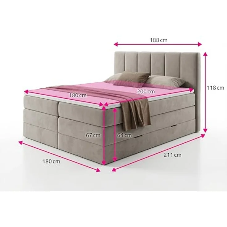 Boxspringbett Star XL mit 2 Bettkästen und Topper, mit Taschenfederkern- und Bonellfederkernmatratze, Doppelbett, Polsterbett aus Veloursstoff mit Stauraum (Grau (Paros 05), 180x200 cm) – Bild 3