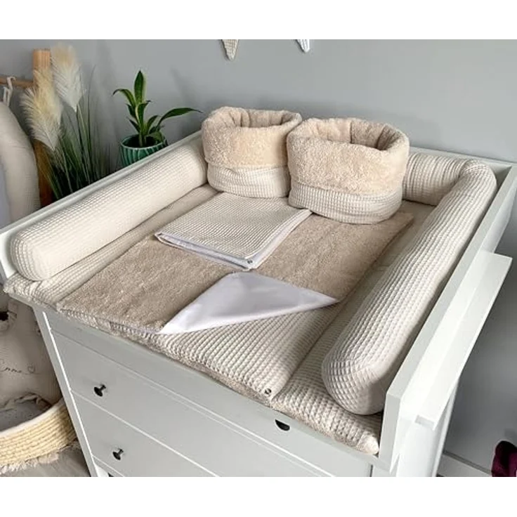Wickelauflage Set 6-teilig – Wickelunterlage aus Waffelstoff & Frottee mit Druckknöpfen – Baby Wickelauflage – Wickeltischauflage – 75x75 cm (Breite x Tiefe), Hellbeige – Bild 2