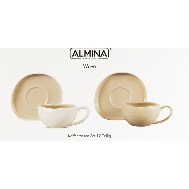 Wave Cream Kaffeetassen mit Untertellern - 12-teiliges-Set in Weiß-Beige, 215 ml – Bild 5