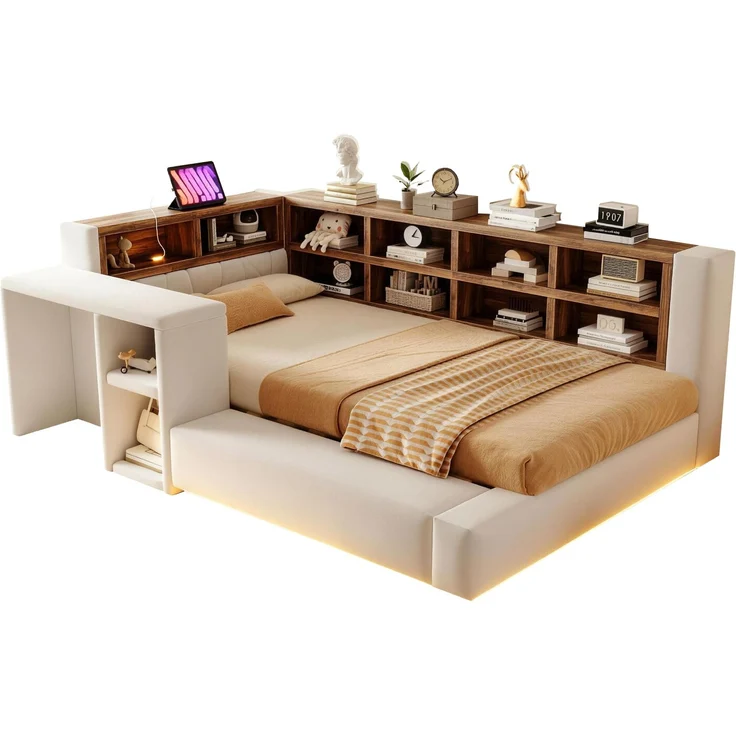 U-life Polsterbett 90x200 cm, fürs Schlafzimmer, Mit Polsterbezug, Mit Mehrstufigen Stauräumen, LED-Beleuchtung, Integrierten, Samtstoff, Beige – Bild 7