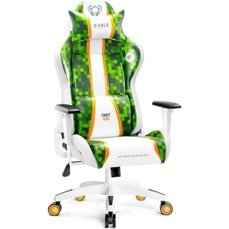 Diablo Chairs X-One 2.0 Craft Edition Kleiner Gaming-Drehstuhl ergonomischer Schreibtischstuhl mit Lendenkissen und Kopfstütze Rückenlehnenverstellung aus Kunstleder 64 x 33 x 120 cm Grün-Weiß – Bild 1