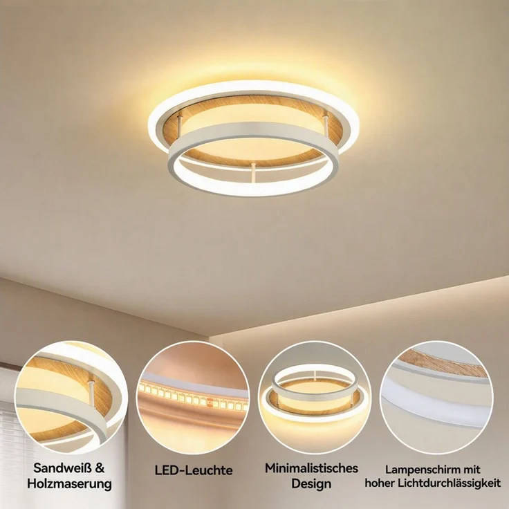 BlingBin LED Deckenleuchte Ø 30 Deckenlampe quadratisch/rund moderne Holzoptik 34 W Warmweiß, rund, LED fest integriert, Tageslichtweiß, Sandweiß für Wohnzimmer Schlafzimmer Esszimmer – Bild 3