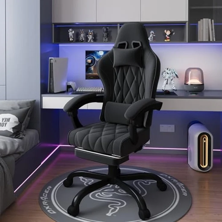 JUMMICO Gaming Stuhl Stoff mit Federpolsterung, Ergonomischer Bürostuhl mit Massager. Gaming Chair mit Kopfstütze, Fußstütze, Höhenverstellbar. Gamer Stuhl 150 kg belastbarkeit, Schwarz – Bild 2