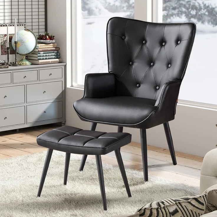 Sessel Ohrensessel Relaxsessel Kunstleder mit Hocker Schwarz pu – Bild 8