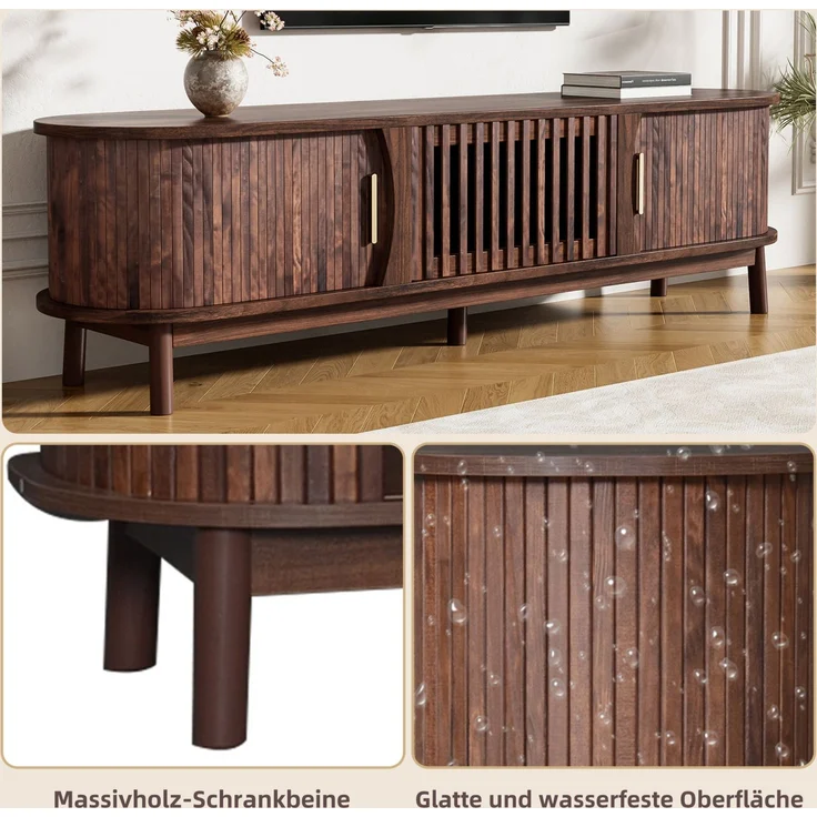 Merax 165cm brauner Lowboard-TV-Schrank, flacher brauner TV-Schrank mit Schiebetür, mit nach unten klappbarer Hohlschranktür, passend für TV-Ständer bis zu 65 Zoll, mit Stützbeinen – Bild 6