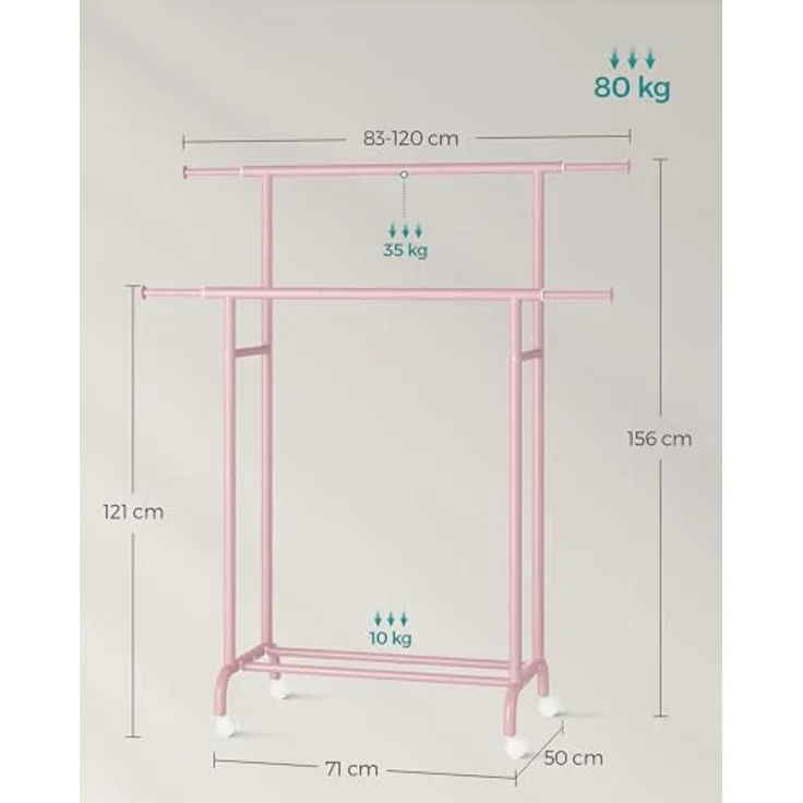 Songmics Kleiderständer auf Rollen, doppelte Stangen, ausziehbare Kleiderstangen, Garderobenständer aus Stahlrohren, bis 80 kg belastbar, 83-120 cm breit, Pastellrosa – Bild 7