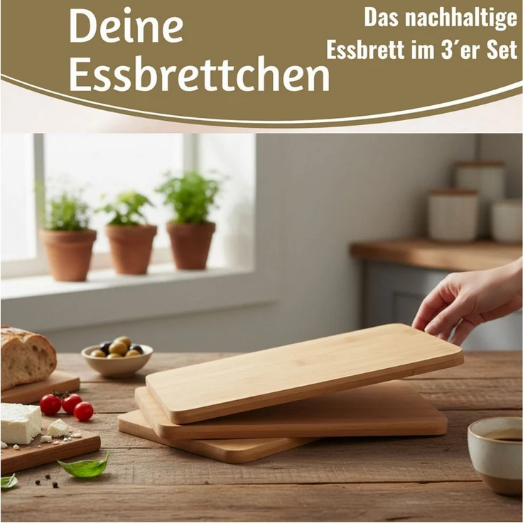 LS-LebenStil Frühstücksbrett 3x Holz Essbrettchen 22x14cm 3 ´er Set Bambus Küchenbrett Holzbrett, Holz, (nachhaltige Frühstücksbrettchen - Eßbrett Wurstbrett Käsebrett Stullenbrett, 3-St, Vesperbrett Brettchen Brotzeitbrett Schneidebrett Brot Obst Steak) – Bild 3