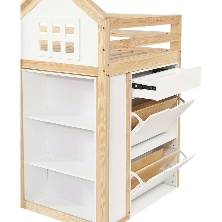 Hochbett mit Bücherregal, Stauraum, Lattenrost und Leiter, 90x200 cm, Schrank mit 2 Klappen und 1 Schublade, Kinderbett mit Rausfallschutz, Kiefer – Bild 10