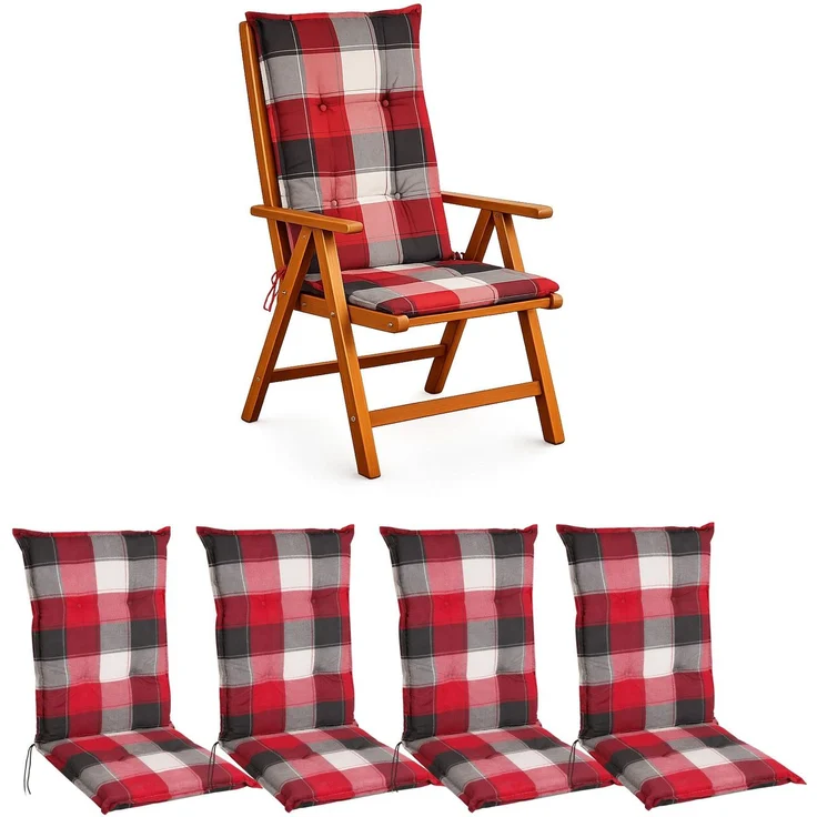 BURI 4x Hochlehner Auflage 120x50x5,5 cm - wetterfeste Gartenstuhlauflage mit Schaumkern & Vollvlies, Halteband & Bindebänder, bequemes Stuhlpolster für Balkon, Terrasse & Garten (Rot/Grau Kariert) – Bild 1