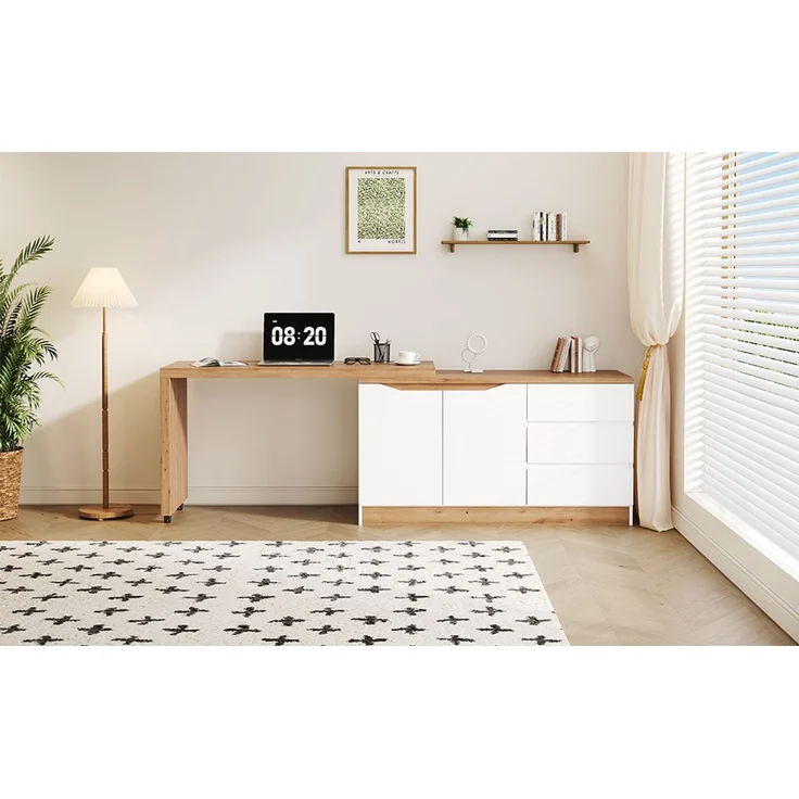 ZUBALIYA Schreibtisch mit feststellbaren Rollen – multifunktionales Design, 4 cm dickere, drehbare Tischplatte, fest arretierbar, weiß/Eiche, Faltbarer Schreibtisch, Eckschreibtisch, Sideboard,Dicke Materialie – Modell N880P4642134O – Bild 18