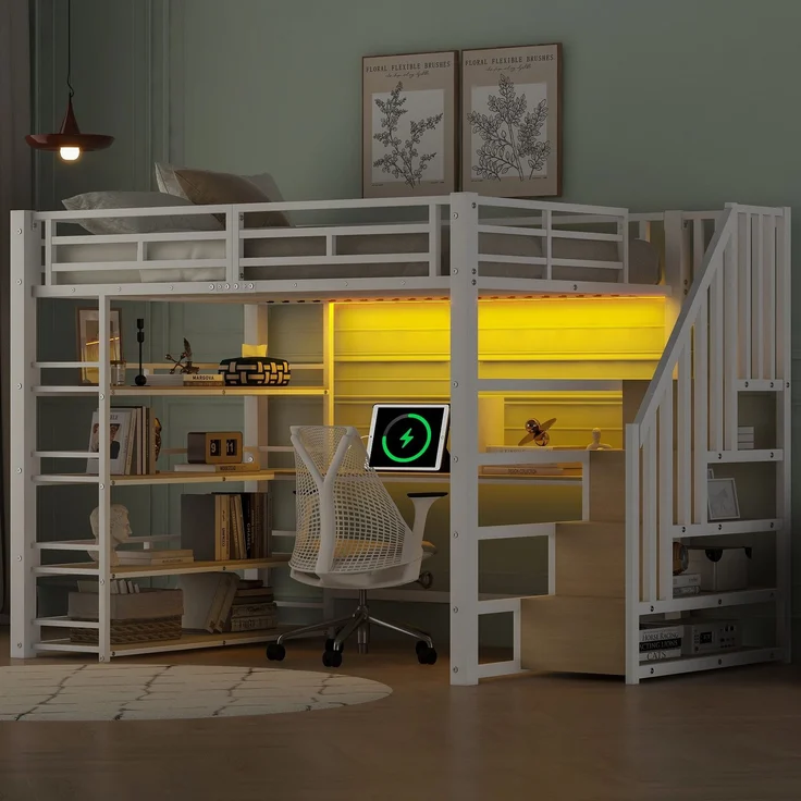 Hochbett mit RGB LED-Streifen, Schreibtisch, Lattenrost, Regal und USB, Treppe mit Regal, 140x200 cm, Kinderbett mit Rausfallschutz, Metallbett – Bild 3