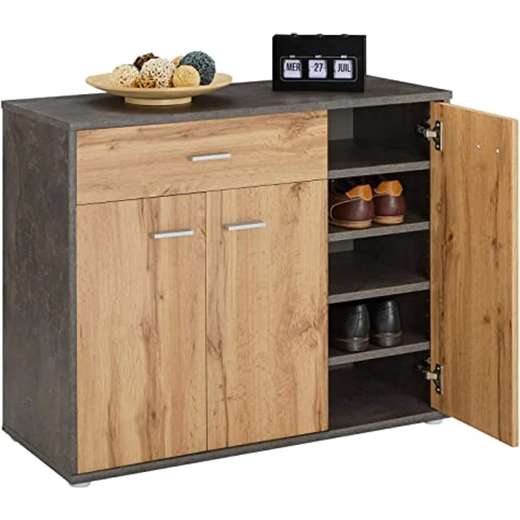 CARO-Möbel Schuhschrank DEUSTO Schmale Flurkommode mit Schublade und 3 Türen betonoptik/eiche – Bild 6