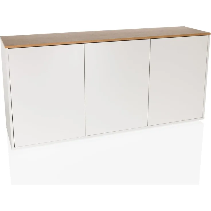 hjh LIVING Sideboard mit 3 Türen KELO S Kommode 160 x 40 x 76 cm, Push-to-Open, griffloses Design, viel Stauraum, Weiß/Eiche