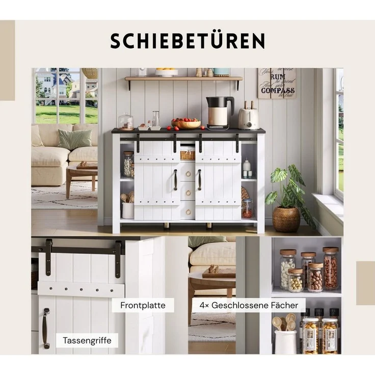 SeedWave Buffet Retro Küchenschrank 120cm Sideboard mit 2 Schiebetüren, Schubladen Anrichte inkl. 2 höhenverstellbare Metallfüße, Kippschutz-Set – Bild 3