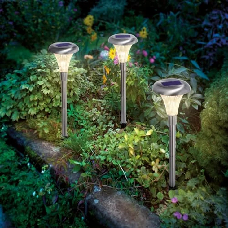 Esotec LED Gartendeko Gartenstecker Solar Capri, 3er Set, Duo Color, Edelstahl, H=34cm, Akku, winterfest, IP44 – Bild 2