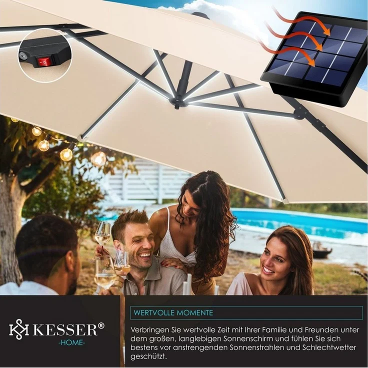 KESSER® Sonnenschirm Ampelschirm SUN XL 300 x 300 cm Inkl. Abdeckung +Windsicherung Drehbar Neigbar Kippbar Marktschirm Groß 360° Rotation, Gartenschirm mit Kurbel Sonnenschutz UV50+ Beige, Mit LED – Bild 3