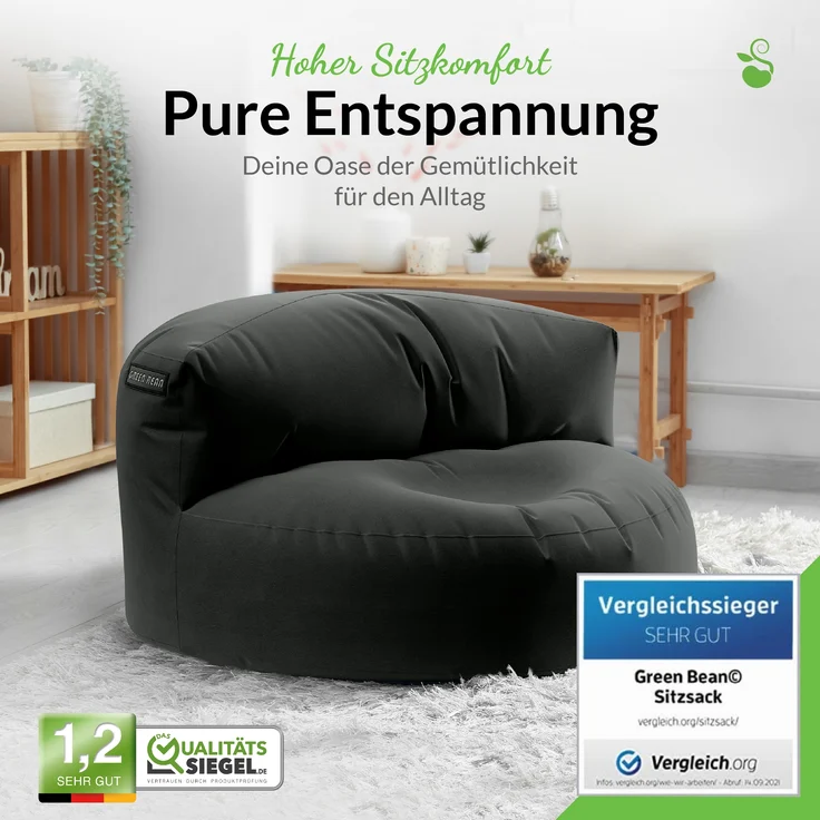 Green Bean® Sitzsack Sofa mit Füllmaterial - Lounge im Sitzsack-Design 90x50cm mit ergonomischer Rückenlehne & waschbarem Bezug - Indoor und Outdoor geeignet in Schwarz – Bild 2