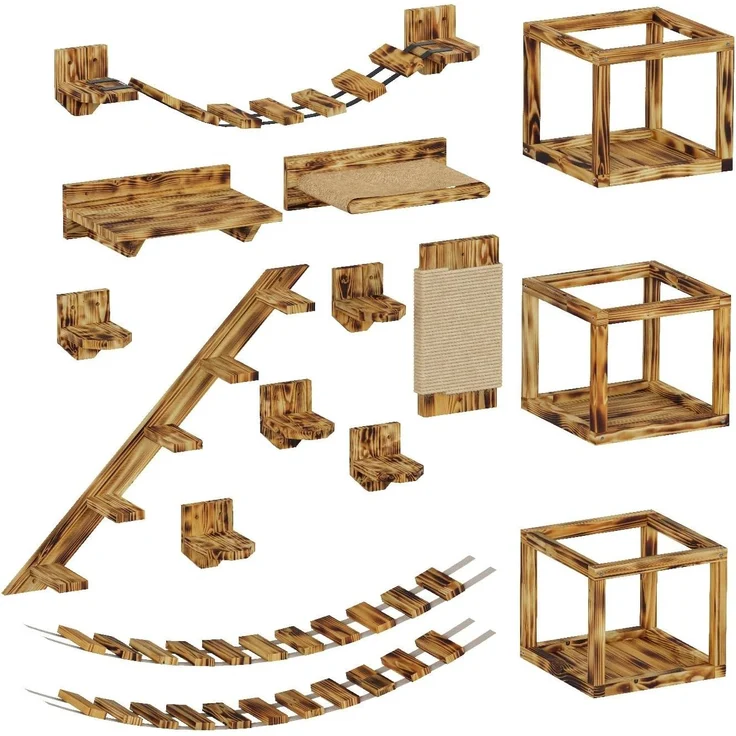 QLS Katzen-Kletterwand Deckenmontage und Wandmontage Geflammt 15-tlg, Set XXL Hängebrüke Katzenbett Katzenregal – Bild 1